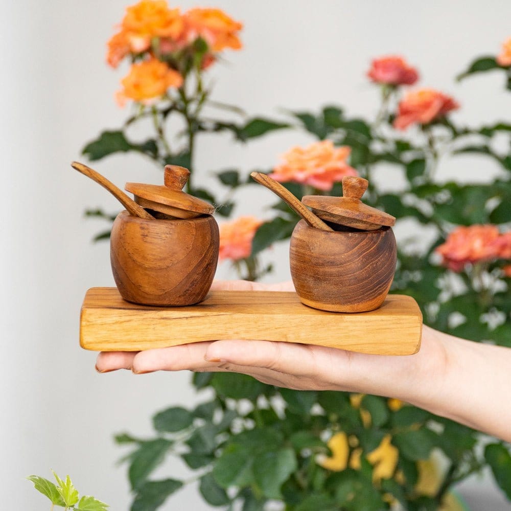 Teak Wood Spice Jar Set with Tray