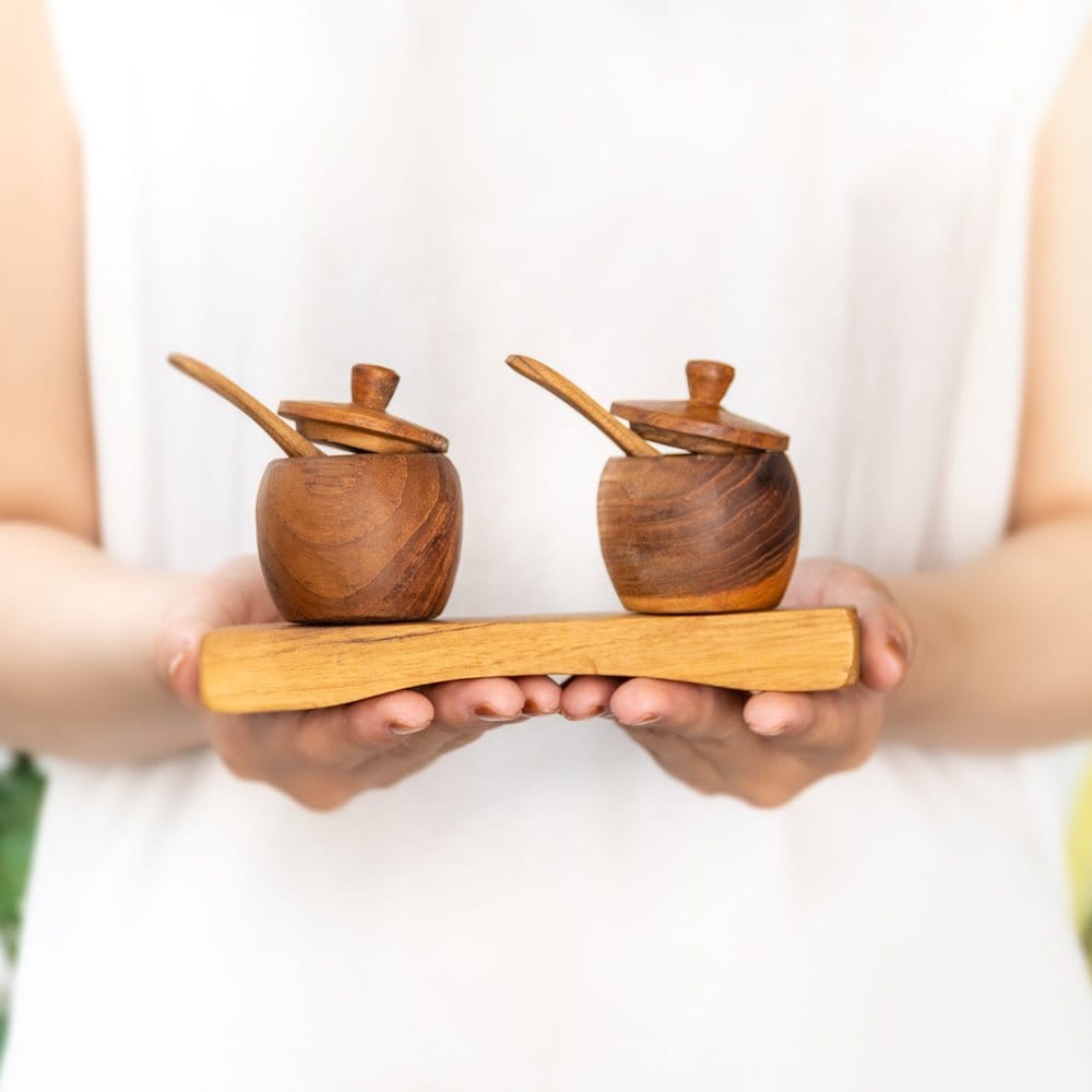 Teak Wood Spice Jar Set with Tray
